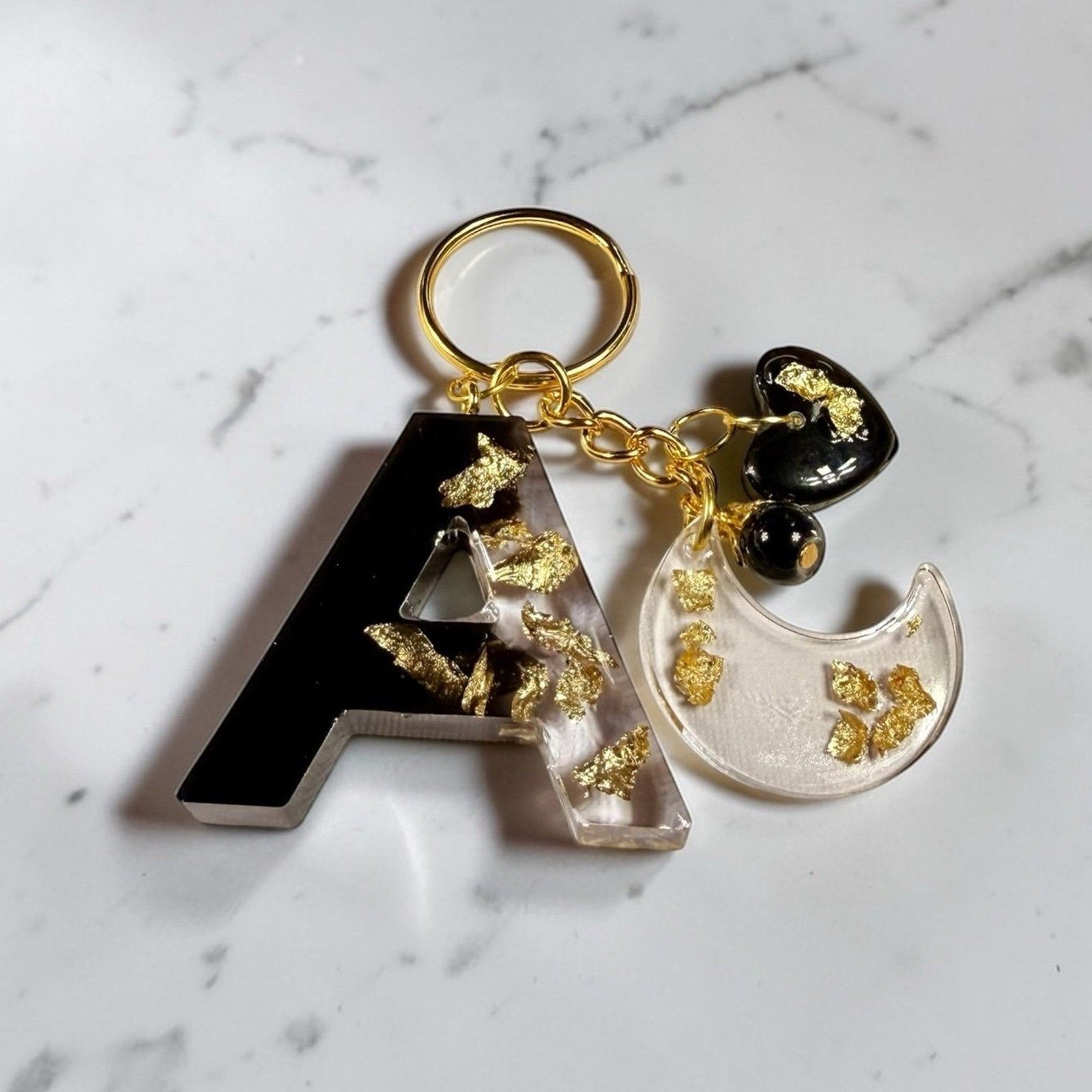 Custom Initial Resin Keychain Black Gold Leaf Personalized Letter Charm