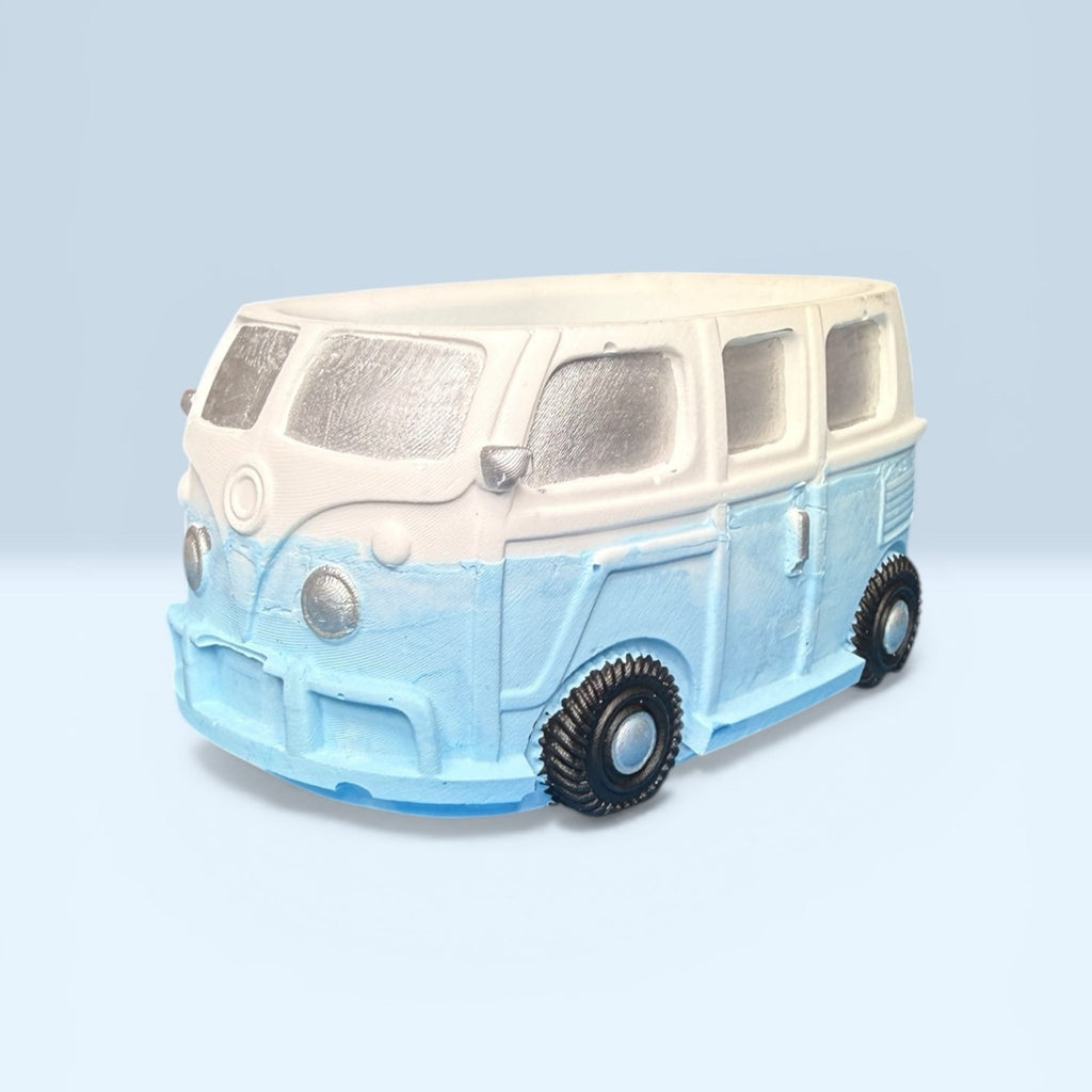 VW Bus Planter Retro Boho Decor 70s Hippie Van Organizer Blue White Eco Resin