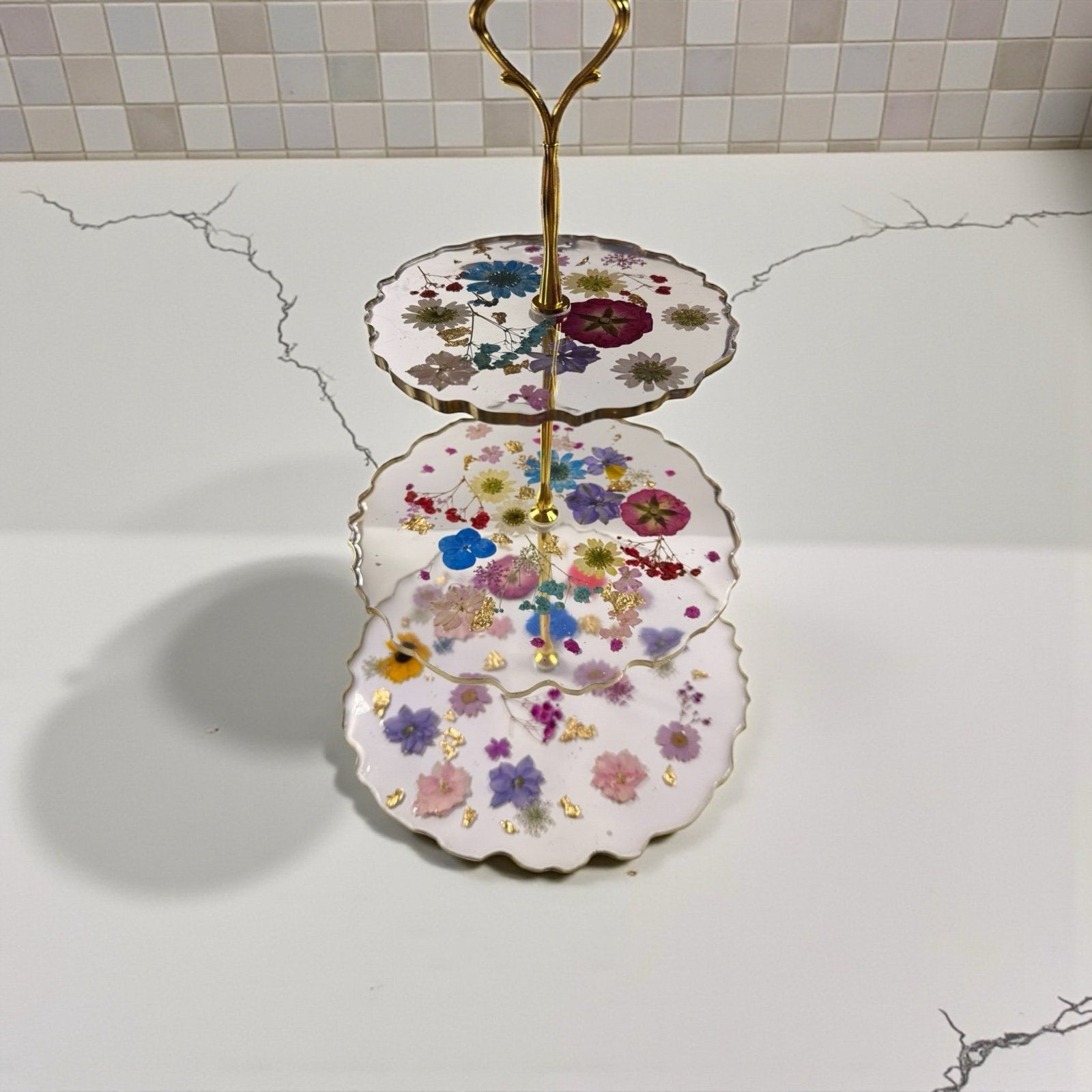 Handmade Pressed Flower Resin 3 Tier Tray Gold Tea Party Display—Forever Bloom