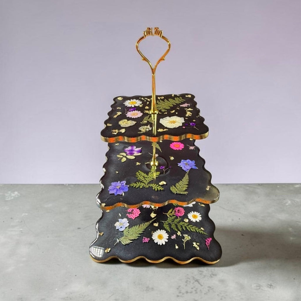 Noir Botanica Tiered Stand | Handcrafted 3 Tier Resin Serving Tray | Elegant