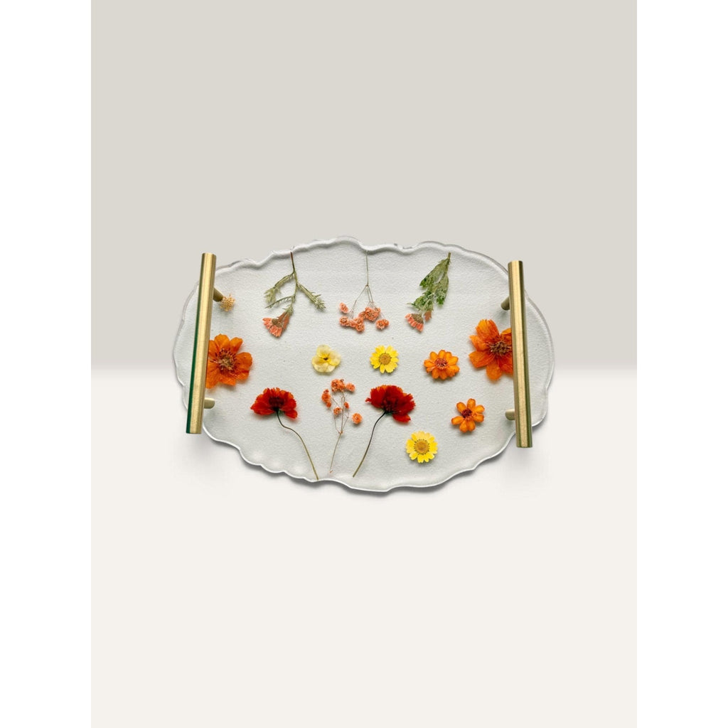Handmade Clear Epoxy Resin Serving Tray with Real Pressed Flowers & Gold Handles – Fall Botanical Decor