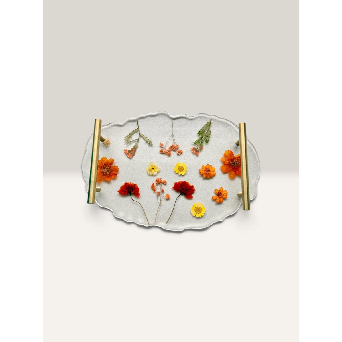 Handmade Clear Epoxy Resin Serving Tray with Real Pressed Flowers & Gold Handles – Fall Botanical Decor