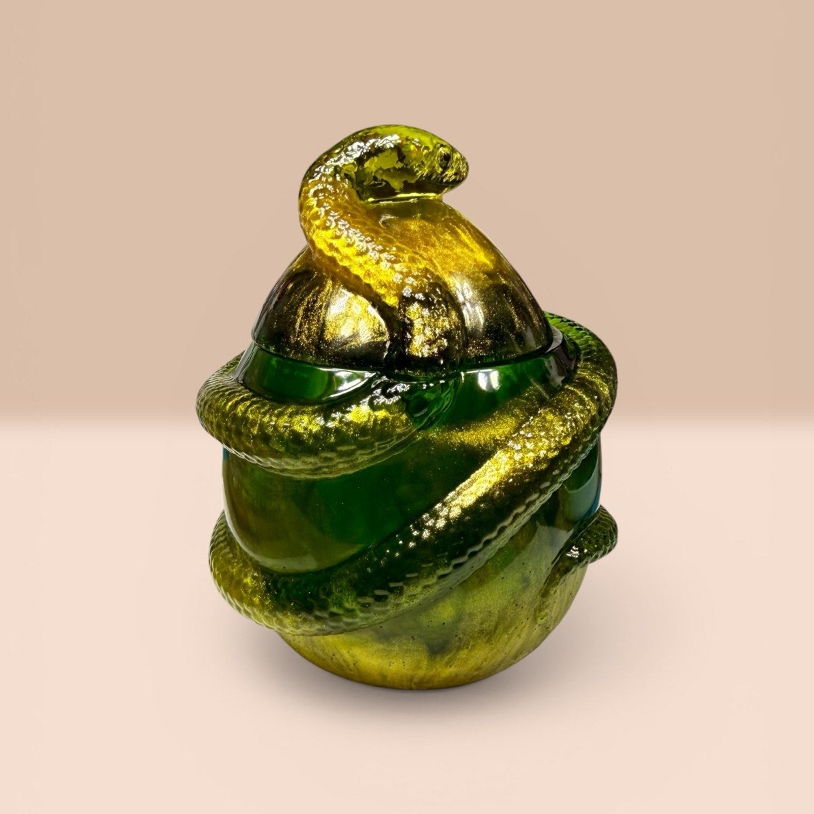 Handcrafted Epoxy Resin Snake Jar Emerald Green Gold Trinket Box Decor Curiosity