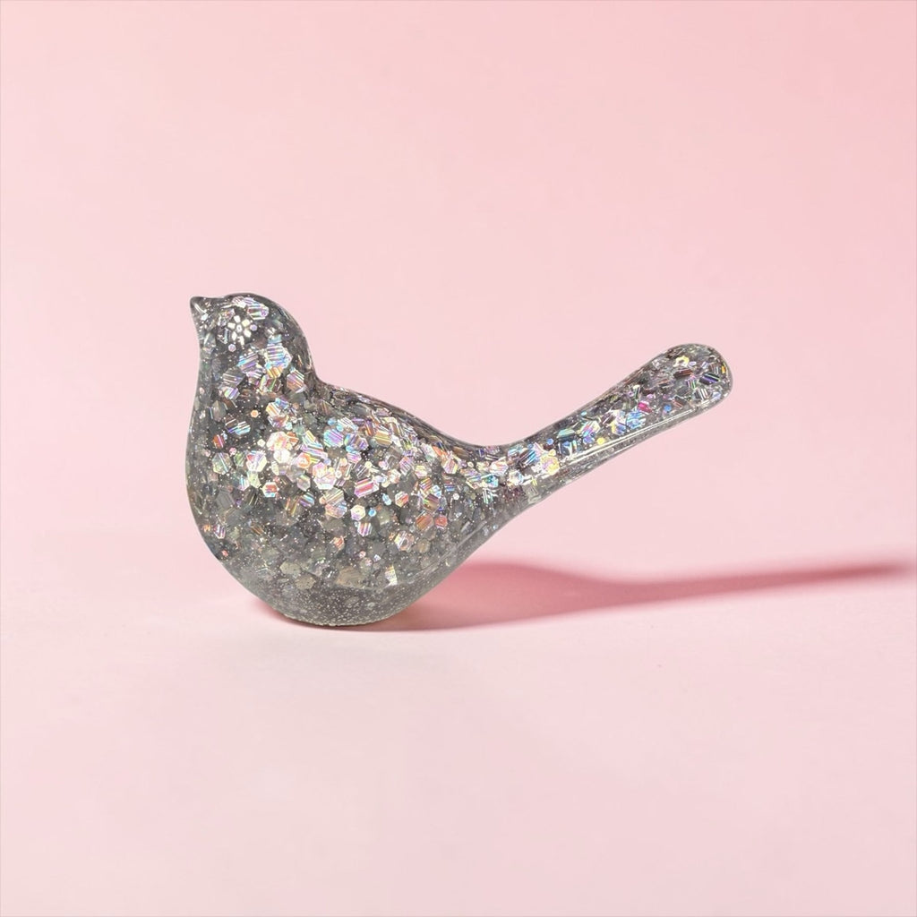 Handmade Glitter Epoxy Resin Bird Figurines • Pink & Silver Shelf Decor Set