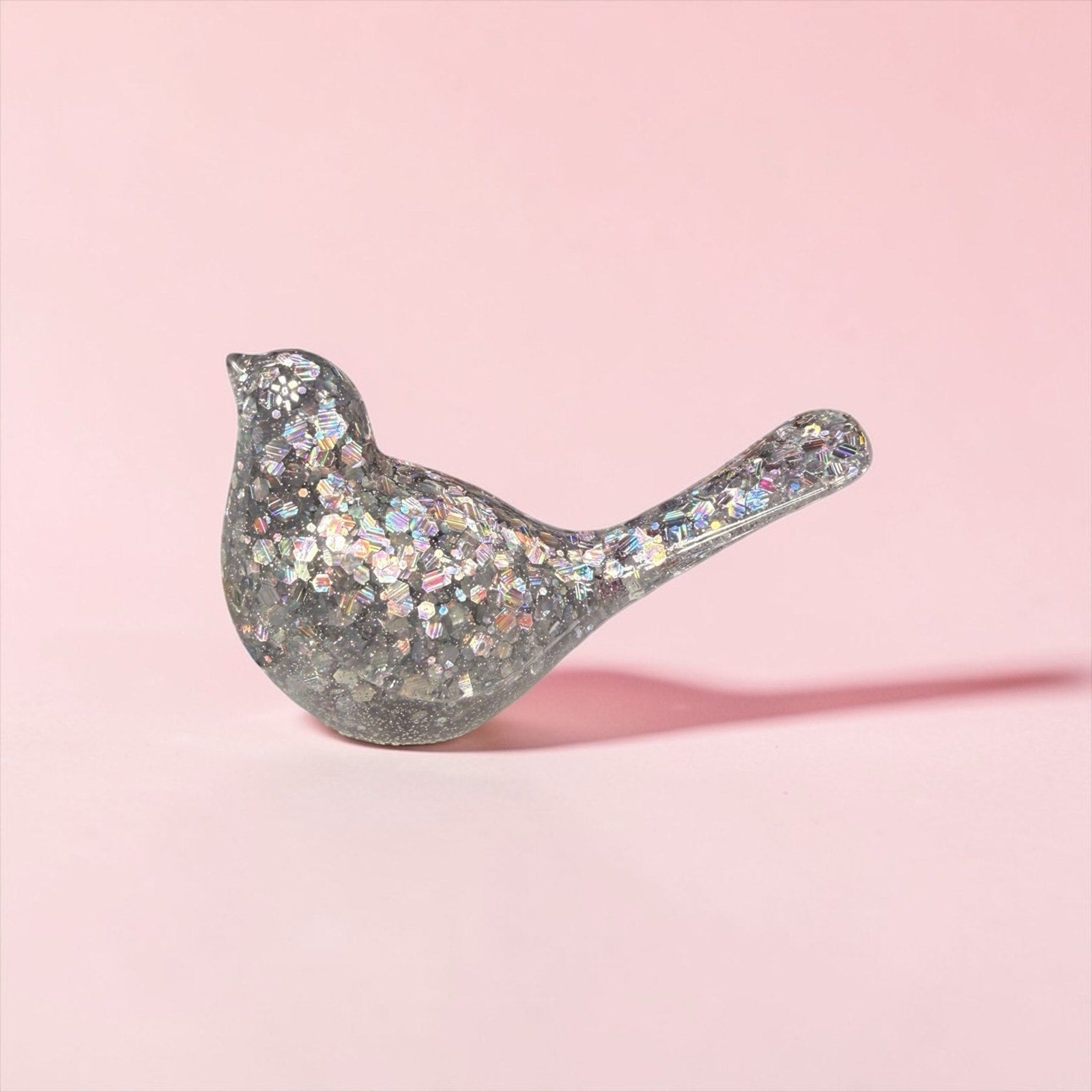 Handmade Glitter Epoxy Resin Bird Figurines • Pink & Silver Shelf Decor Set