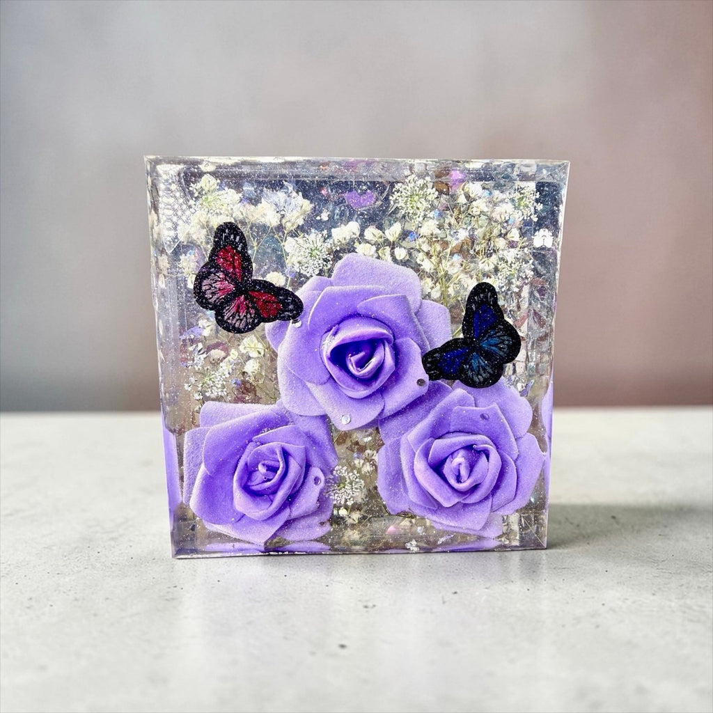 Large EpoxyResin Shelf Sitter Purple Rose Butterfly Decor Bookend Art Desk Decor