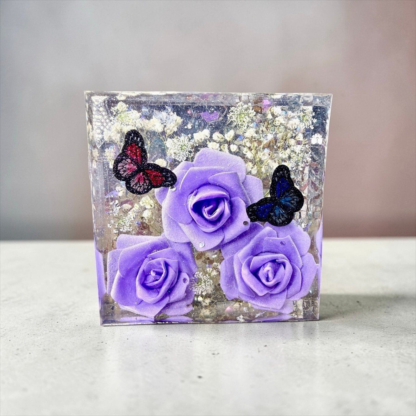 Large EpoxyResin Shelf Sitter Purple Rose Butterfly Decor Bookend Art Desk Decor