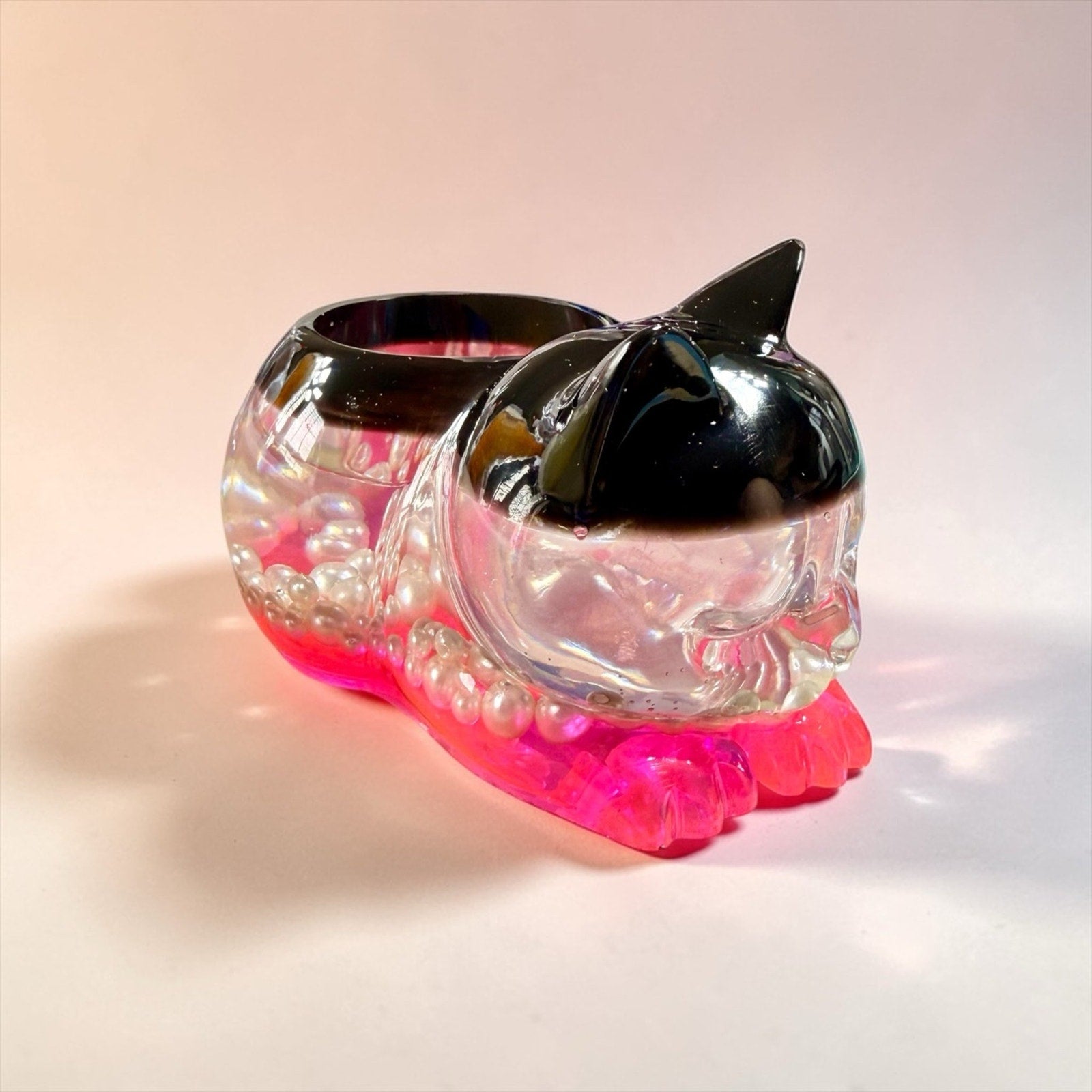 Resin Remnant Creation Sleeping Cat Tea Light Holder Pink Glow Pearl