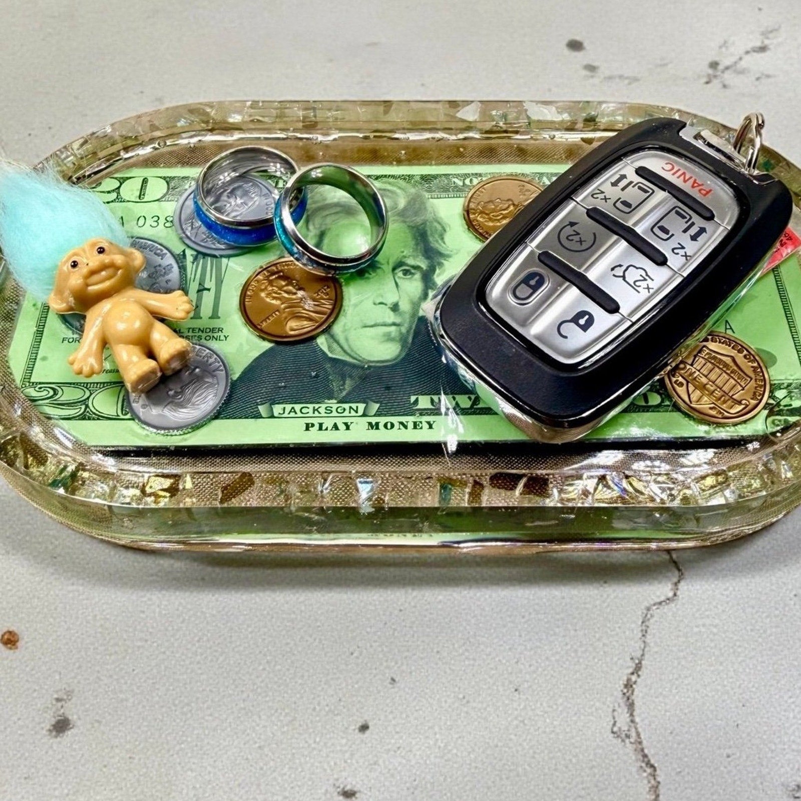 Handmade Resin Trinket Tray -Abundance Theme- Play Money- Make it Rain- Gift