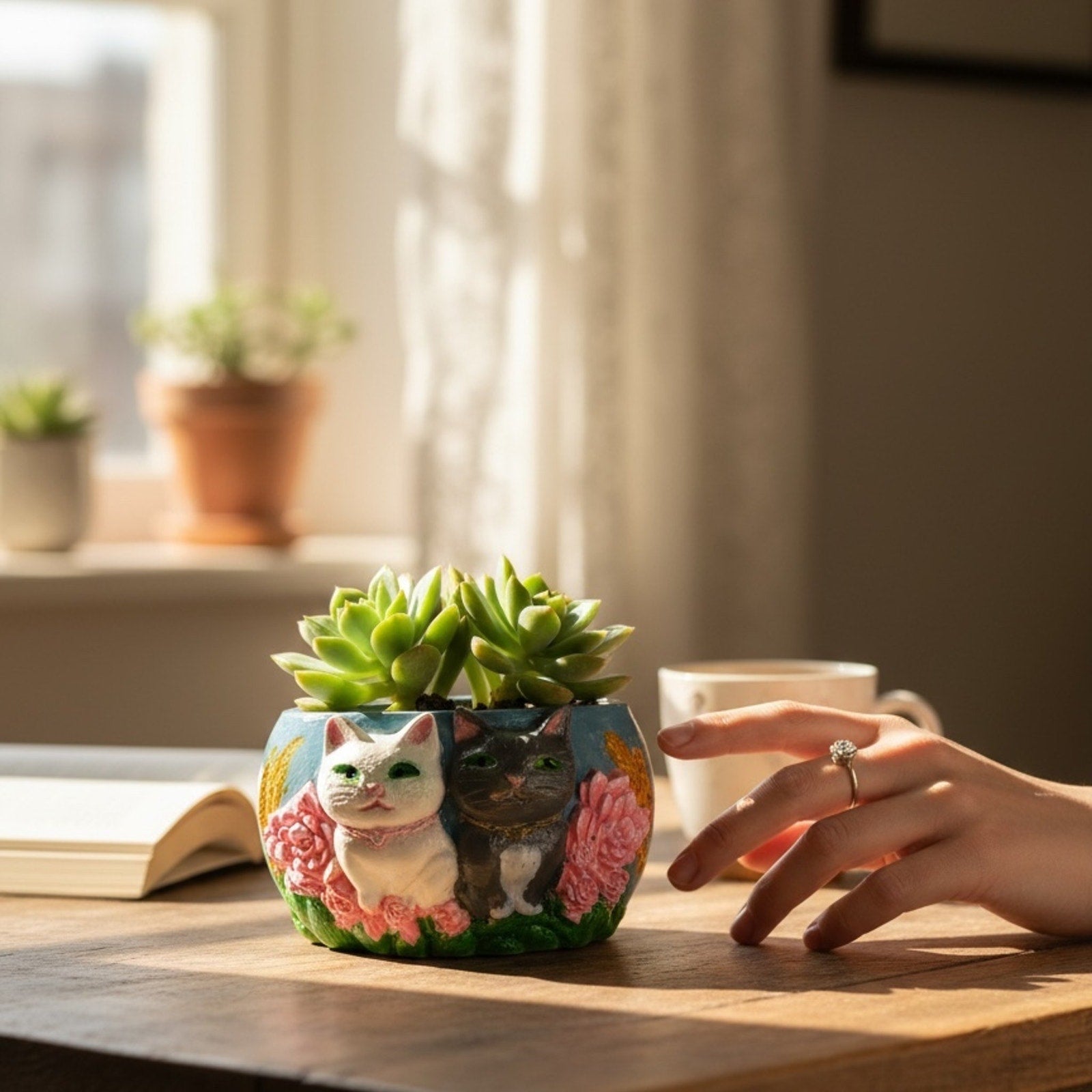 Handmade Eco Resin Cat Jar | Floral Succulent Planter | Cat Lover Gift