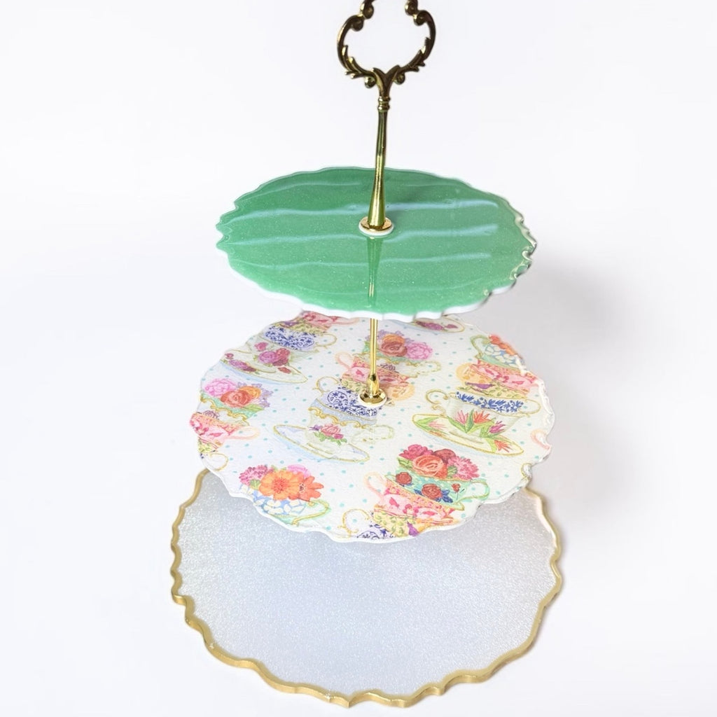 Handmade 3 Tier Resin Tea Party Tray | Floral Dessert Stand | Gold Handle Decor