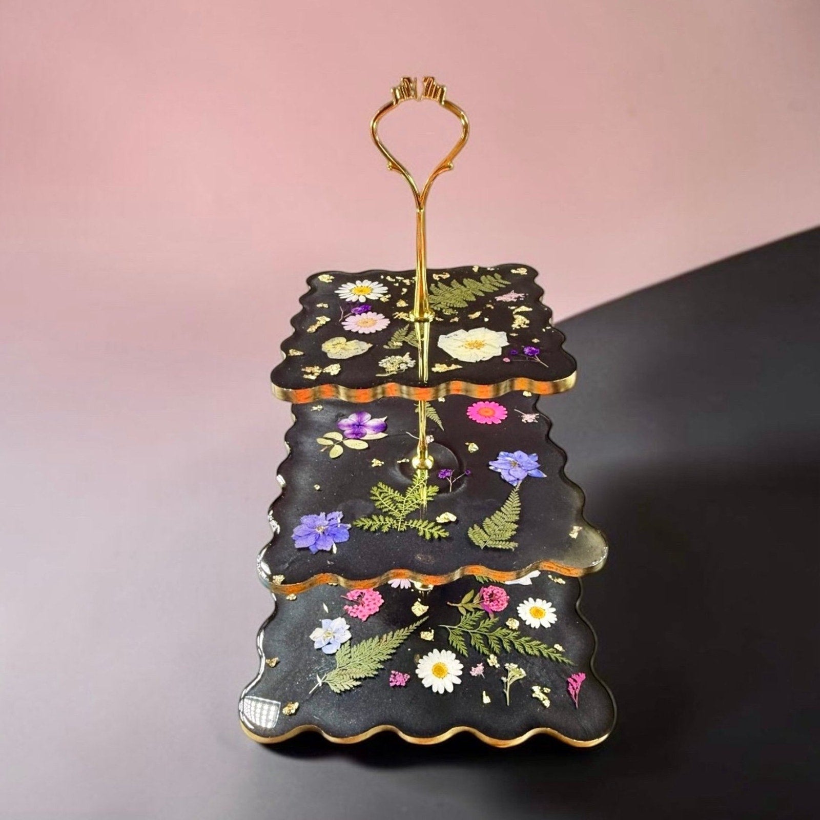 Noir Botanica Tiered Stand | Handcrafted 3 Tier Resin Serving Tray | Elegant