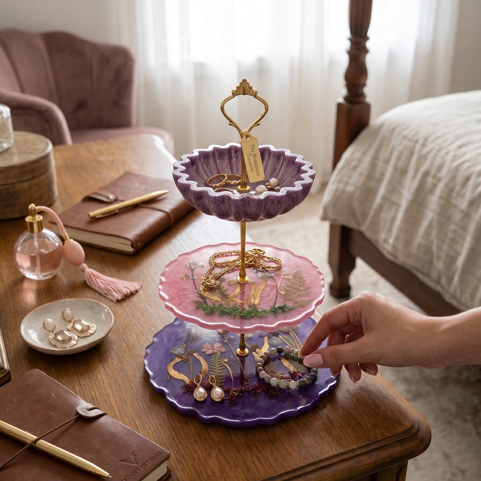 Hidden Grove Tiered Stand | Handcrafted Woodland Resin Display Tray | Botanical