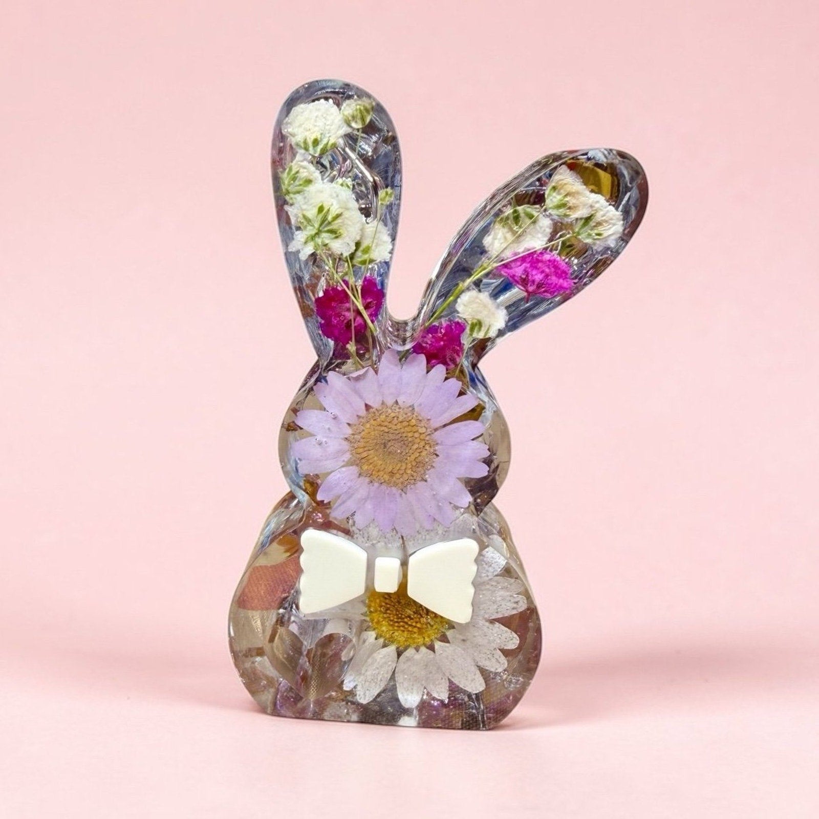 Pressed Flower Easter Bunny – Reversible Floral -Spring Decor- Pink Fireglass