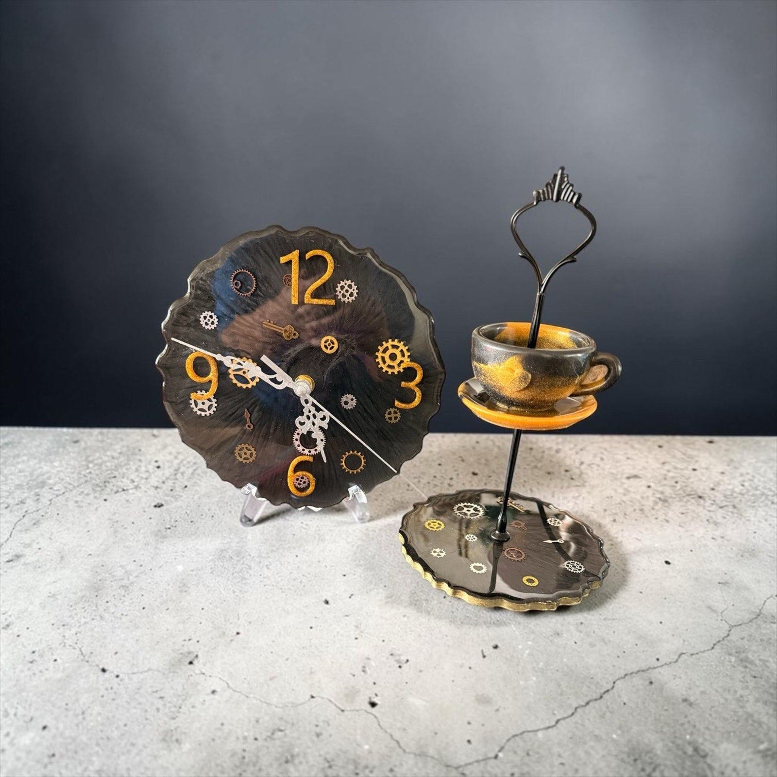 Steampunk Decor Set Clock + Mini Tier Tray | Jewelry Stand Bundle Handcrafted