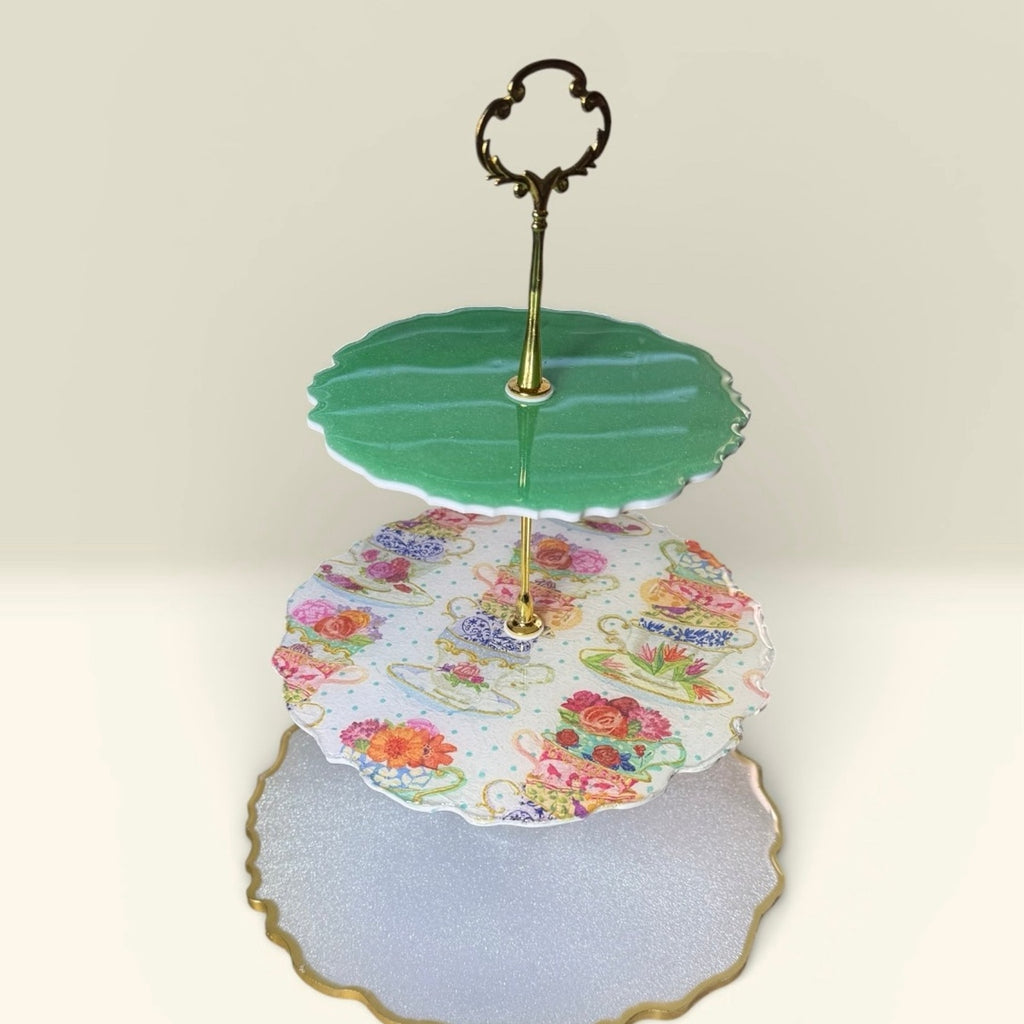 Handmade 3 Tier Resin Tea Party Tray | Floral Dessert Stand | Gold Handle Decor