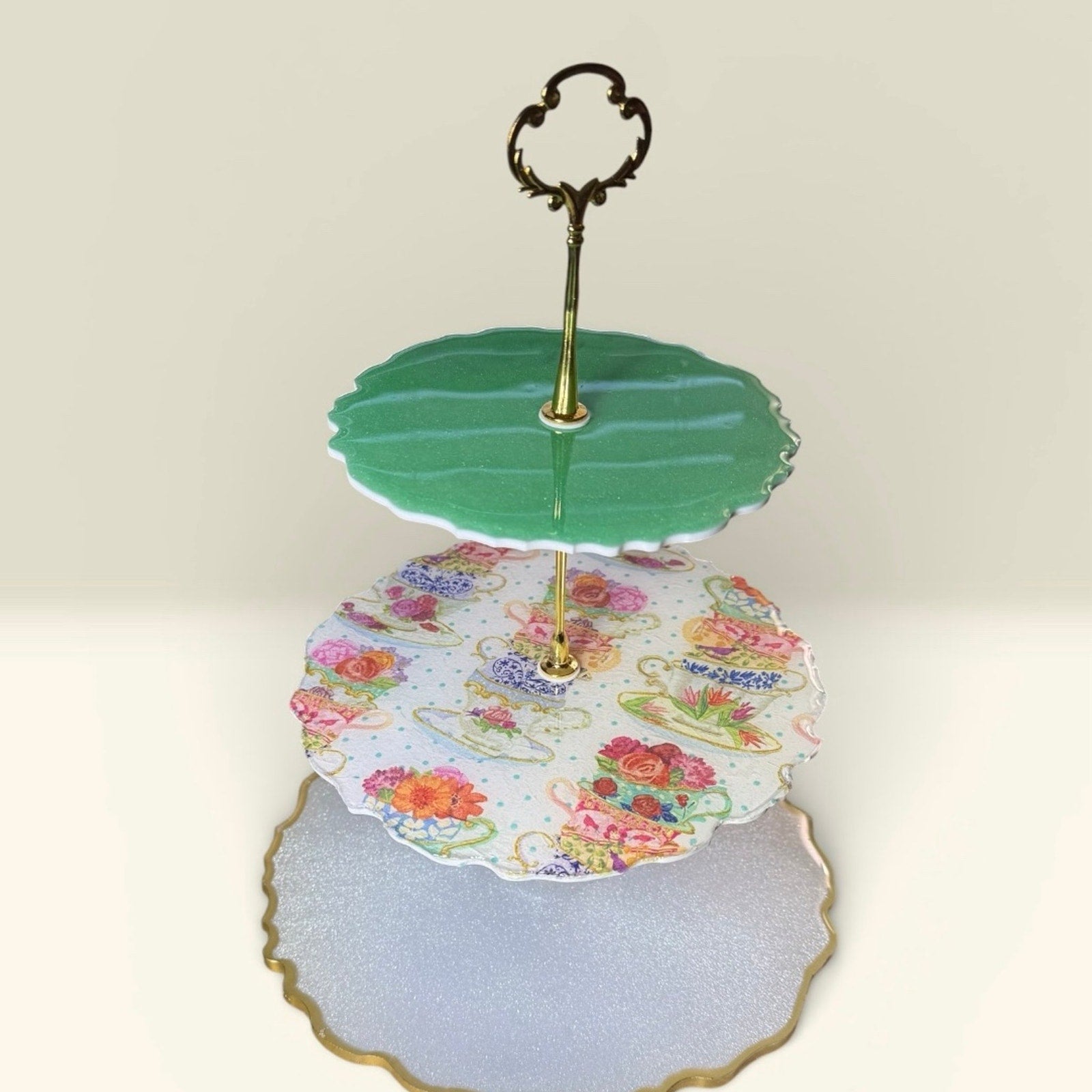 Handmade 3 Tier Resin Tea Party Tray | Floral Dessert Stand | Gold Handle Decor