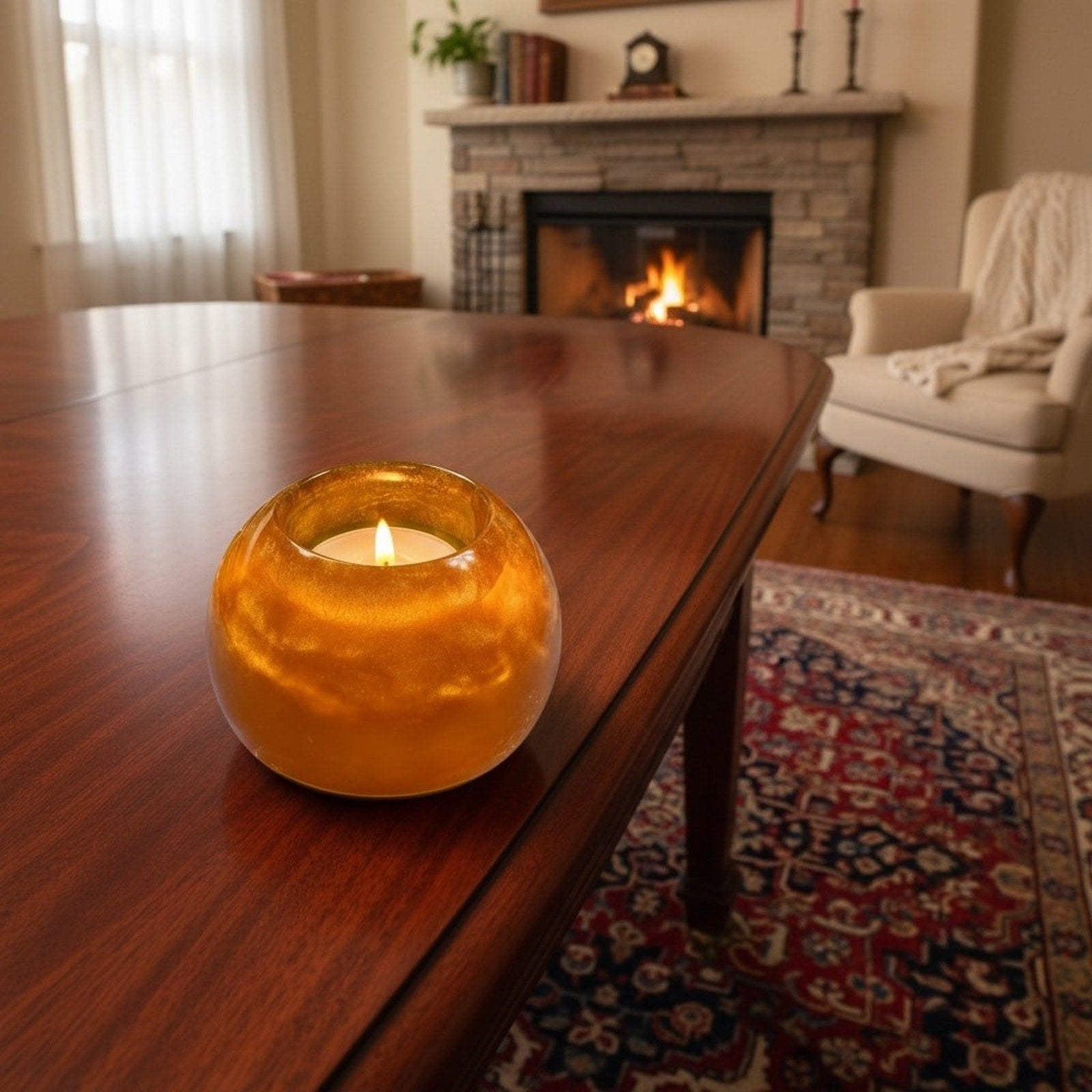 Handmade Gold/Amber Resin Tea Light Candle Holder – Warm Glow Home Decor