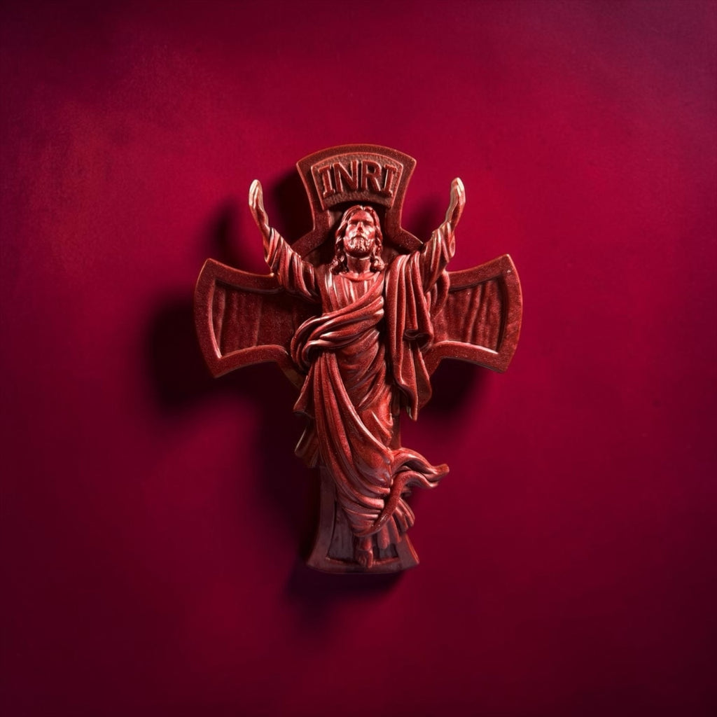 Burgundy Catholic Cross Wall Decor Faith Inspired Home Accent Handcrafted Resin
