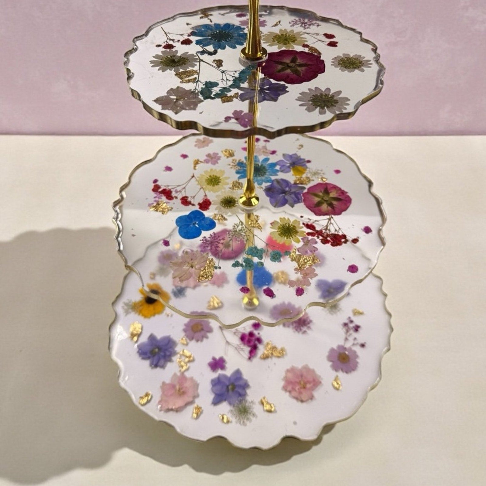 Handmade Pressed Flower Resin 3 Tier Tray Gold Tea Party Display—Forever Bloom