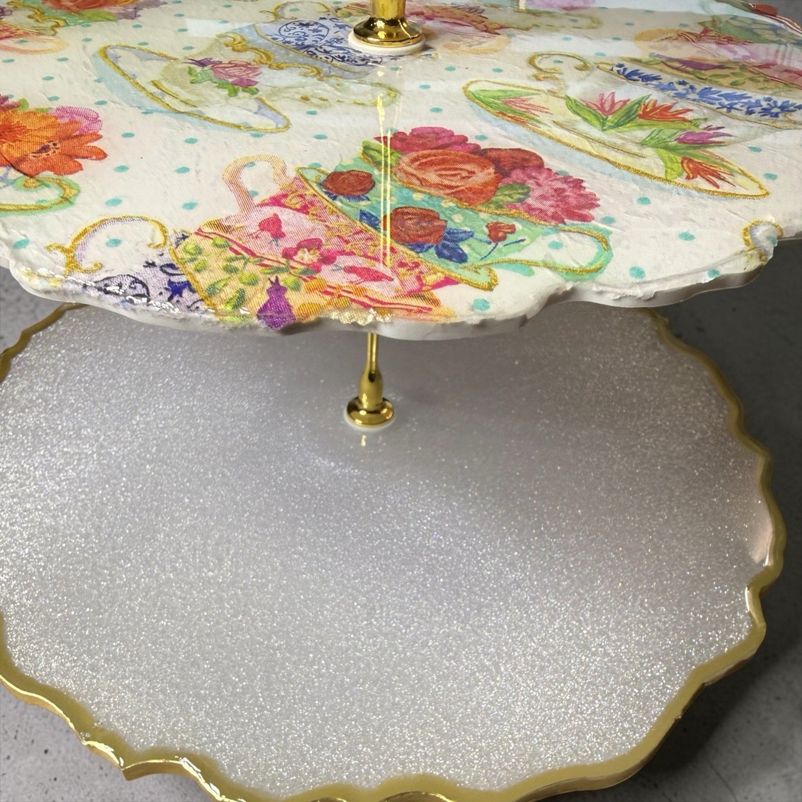 Handmade 3 Tier Resin Tea Party Tray | Floral Dessert Stand | Gold Handle Decor