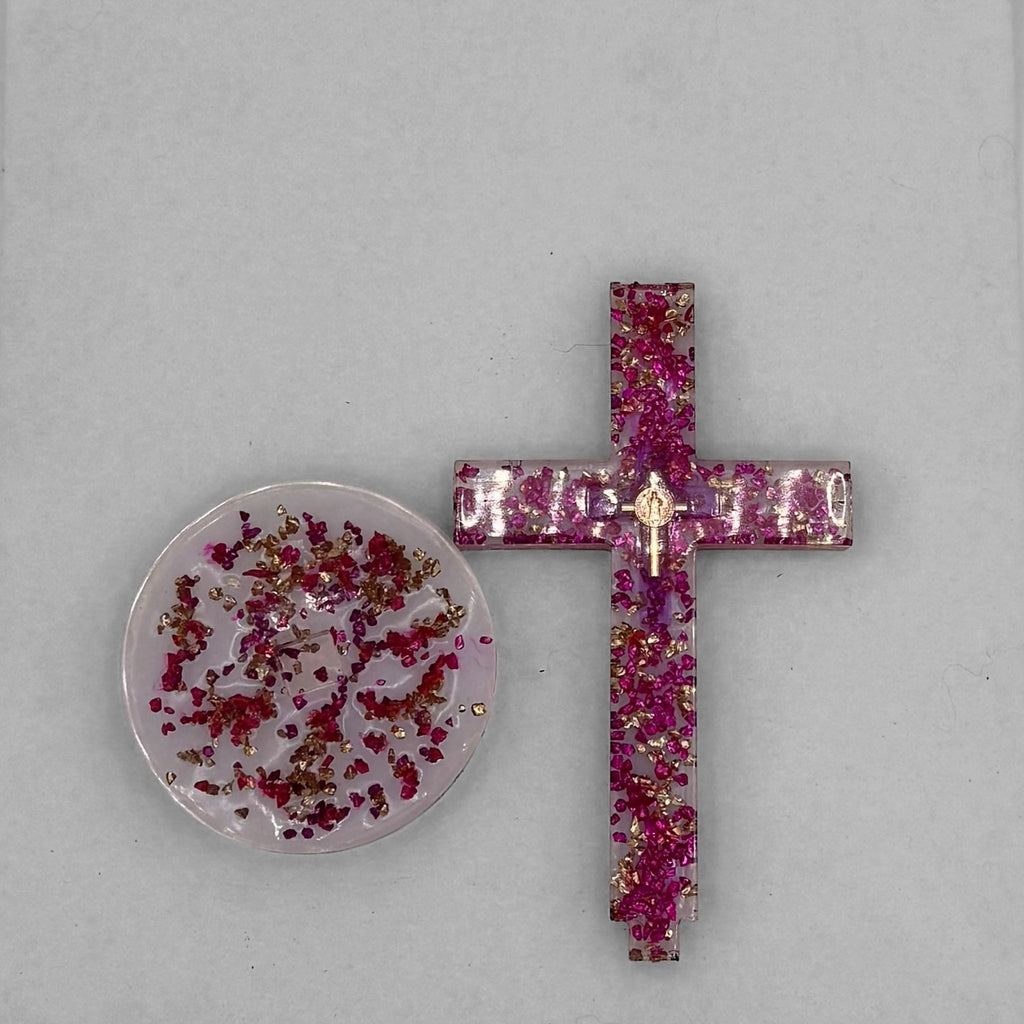 Handmade Resin Cross with Base |Crushed Glass Cross with Medallion—Lenten Gift