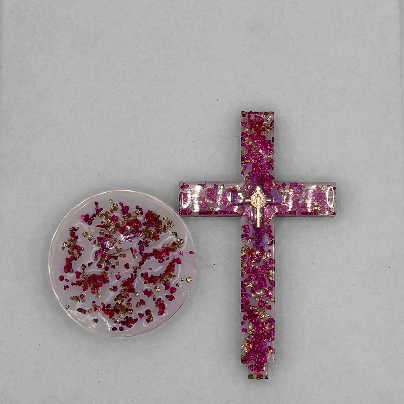 Handmade Resin Cross with Base |Crushed Glass Cross with Medallion—Lenten Gift