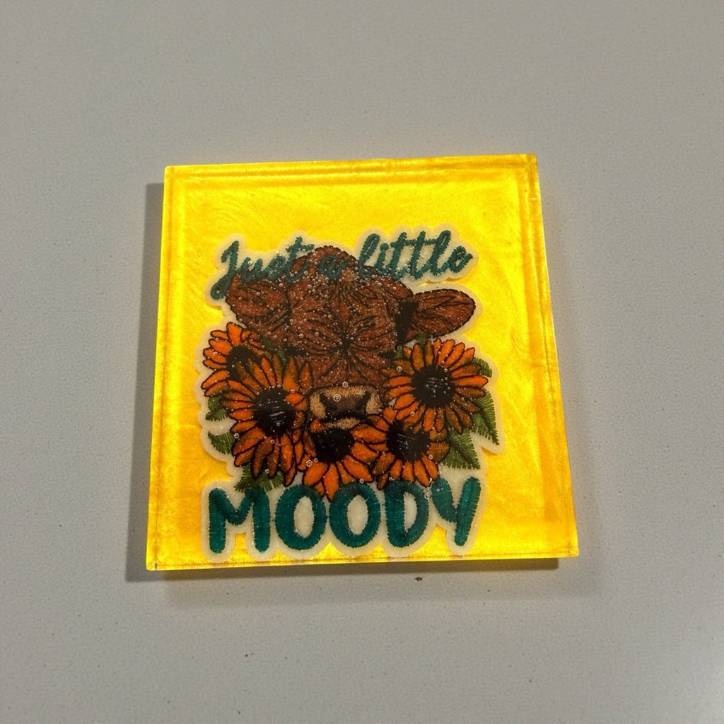 Handmade Set of 4 Retro Highland Cow Resin Coasters –Sunflower Boho Vibes