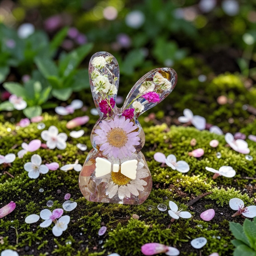Pressed Flower Easter Bunny – Reversible Floral -Spring Decor- Pink Fireglass