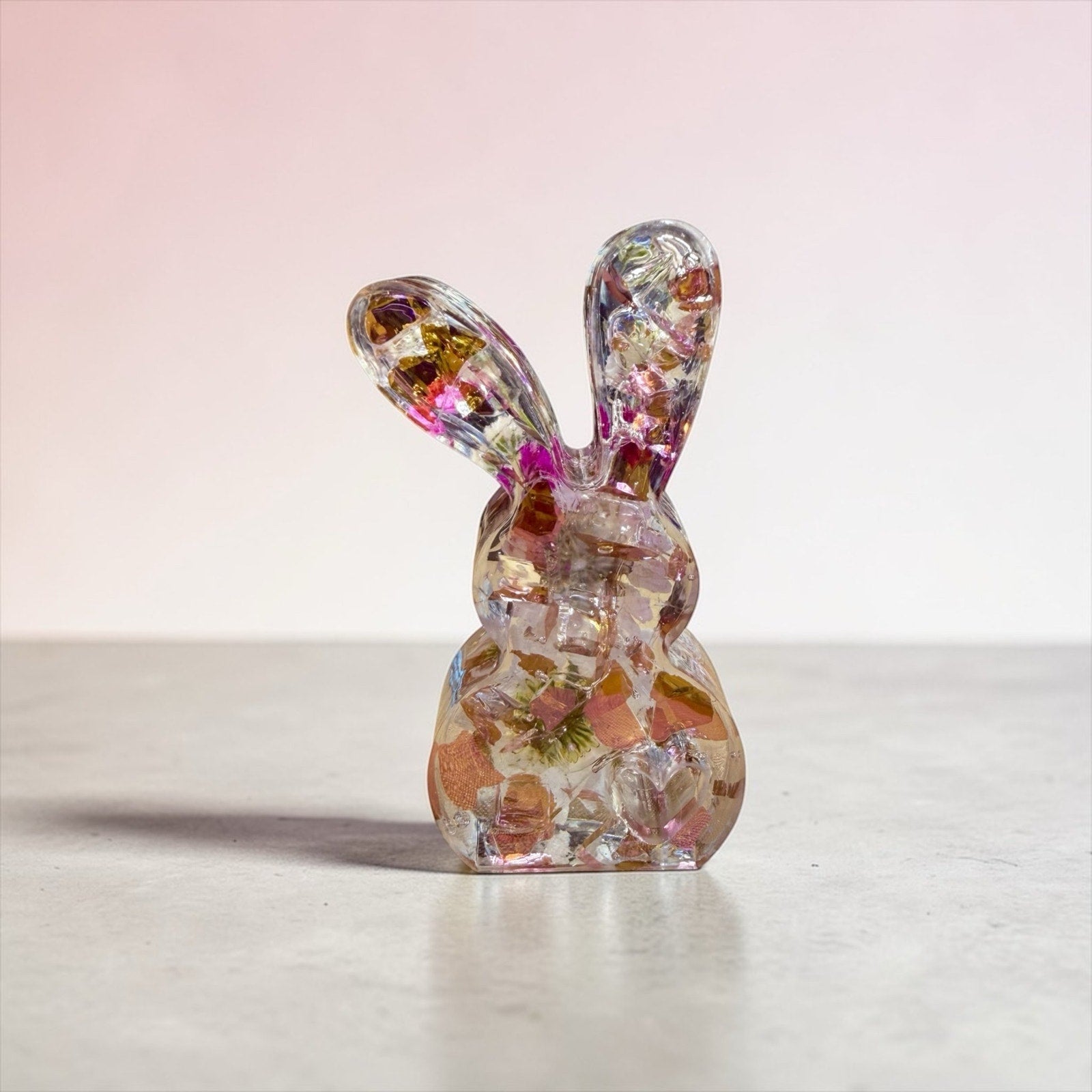 Pressed Flower Easter Bunny – Reversible Floral -Spring Decor- Pink Fireglass