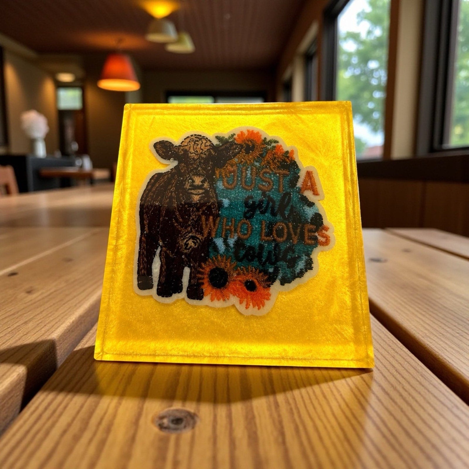 Handmade Set of 4 Retro Highland Cow Resin Coasters –Sunflower Boho Vibes