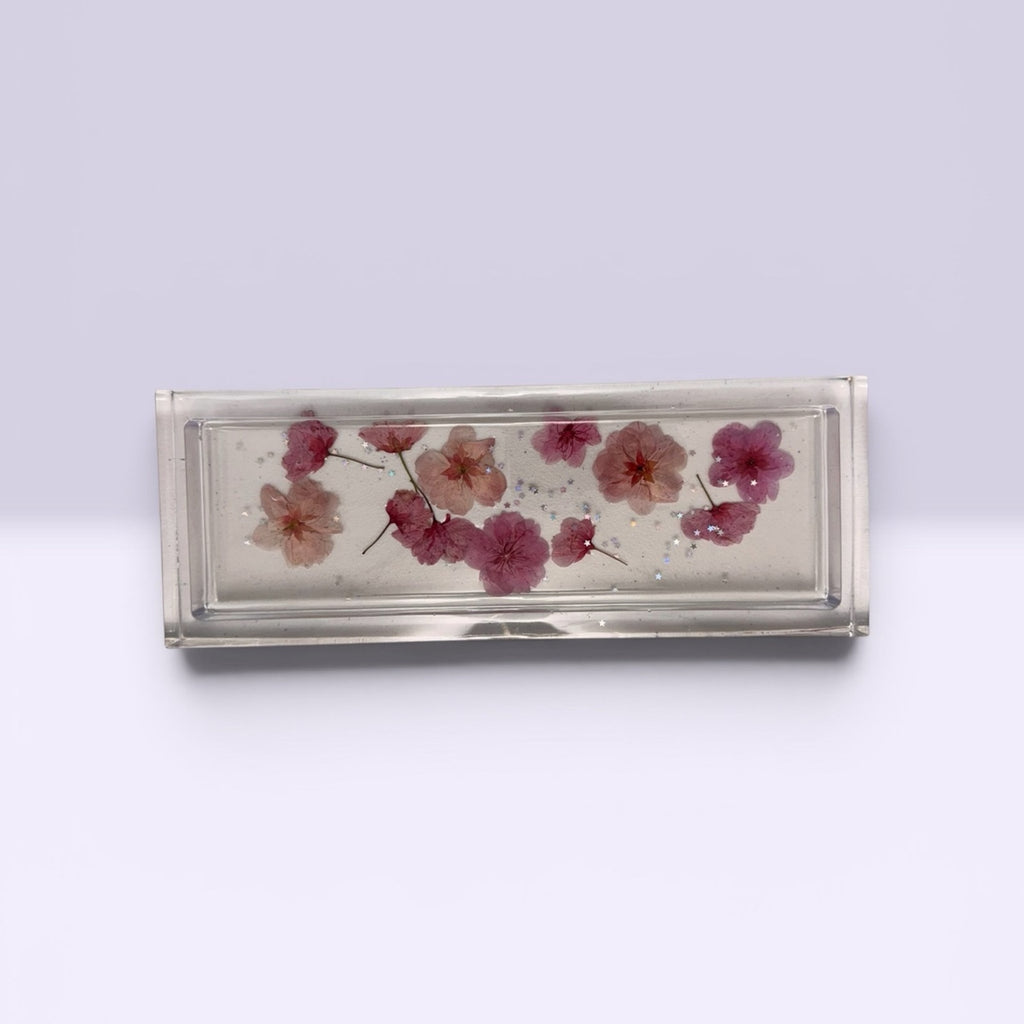 Handcrafted Resin Floral Vanity Tray Pink Pressed Flowers Sparkle Decor