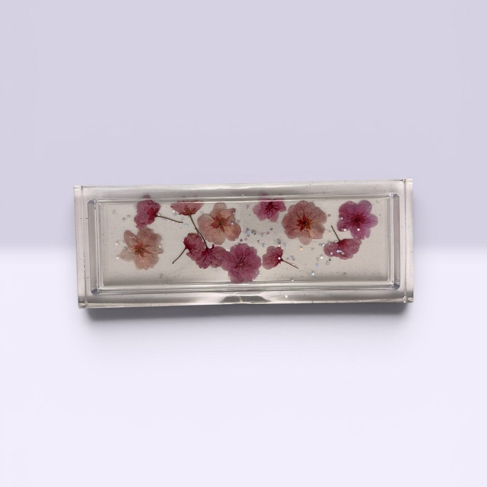Handcrafted Resin Floral Vanity Tray Pink Pressed Flowers Sparkle Decor