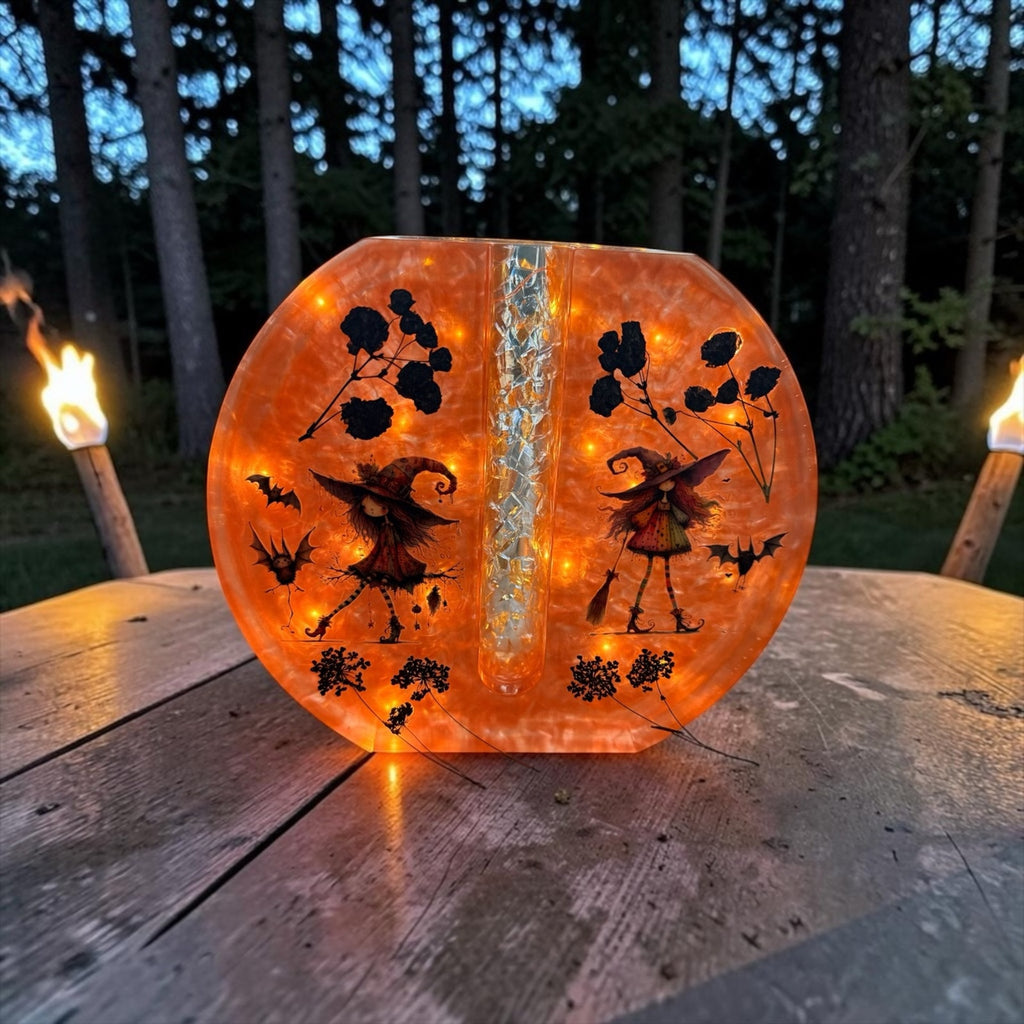 Halloween Lighted Resin Bud Vase – Witch Decor – Handmade Orange Vase
