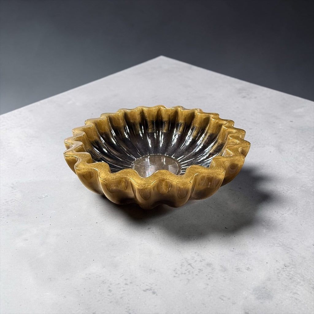 Handcrafted Fluted Epoxy Resin Bowl Gold Black Catchall Dish Vanity Decor Boho