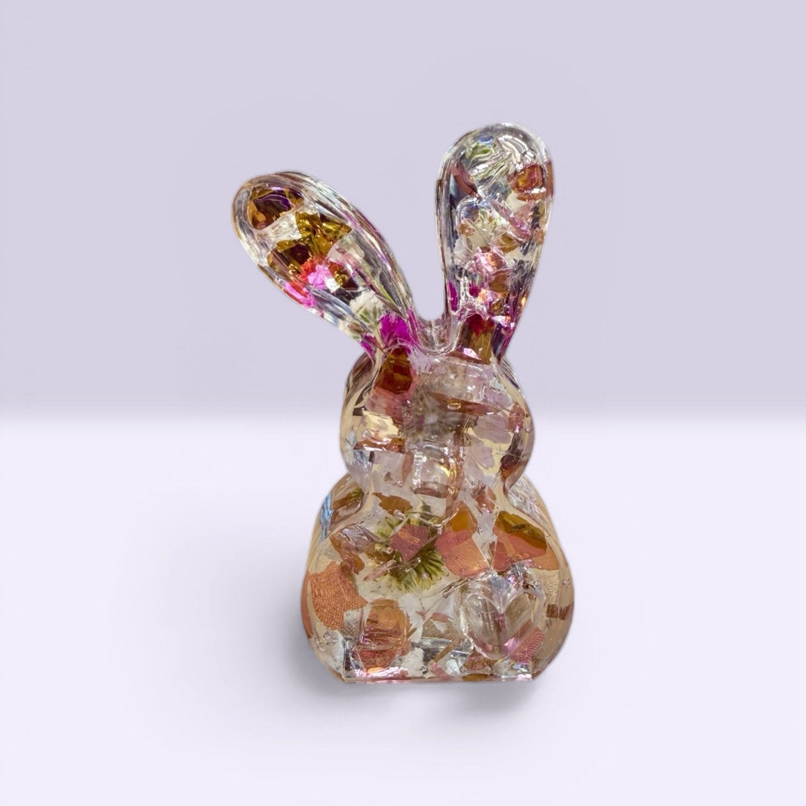 Pressed Flower Easter Bunny – Reversible Floral -Spring Decor- Pink Fireglass