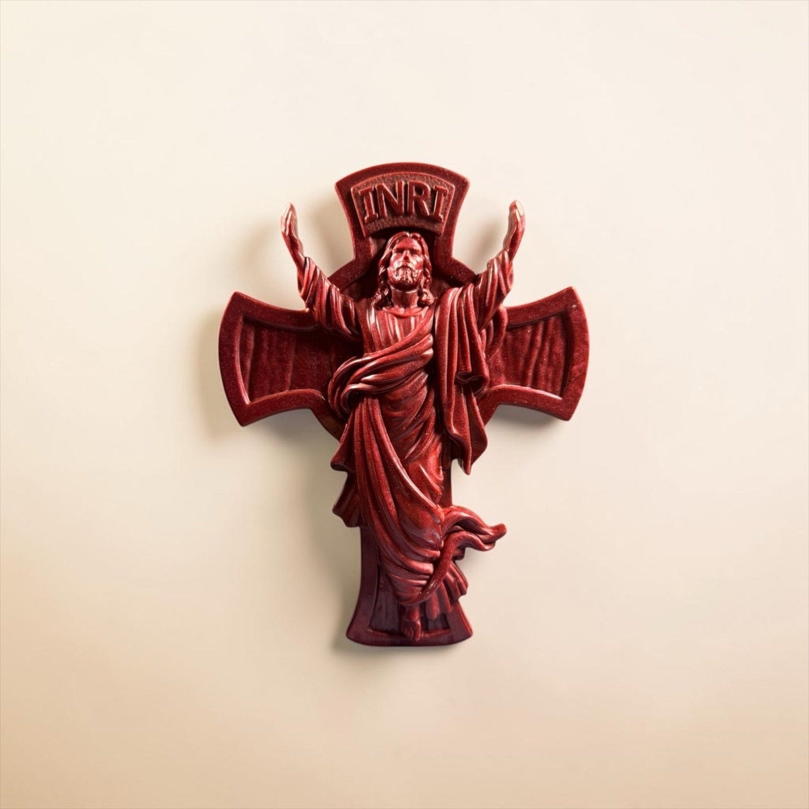 Burgundy Catholic Cross Wall Decor Faith Inspired Home Accent Handcrafted Resin