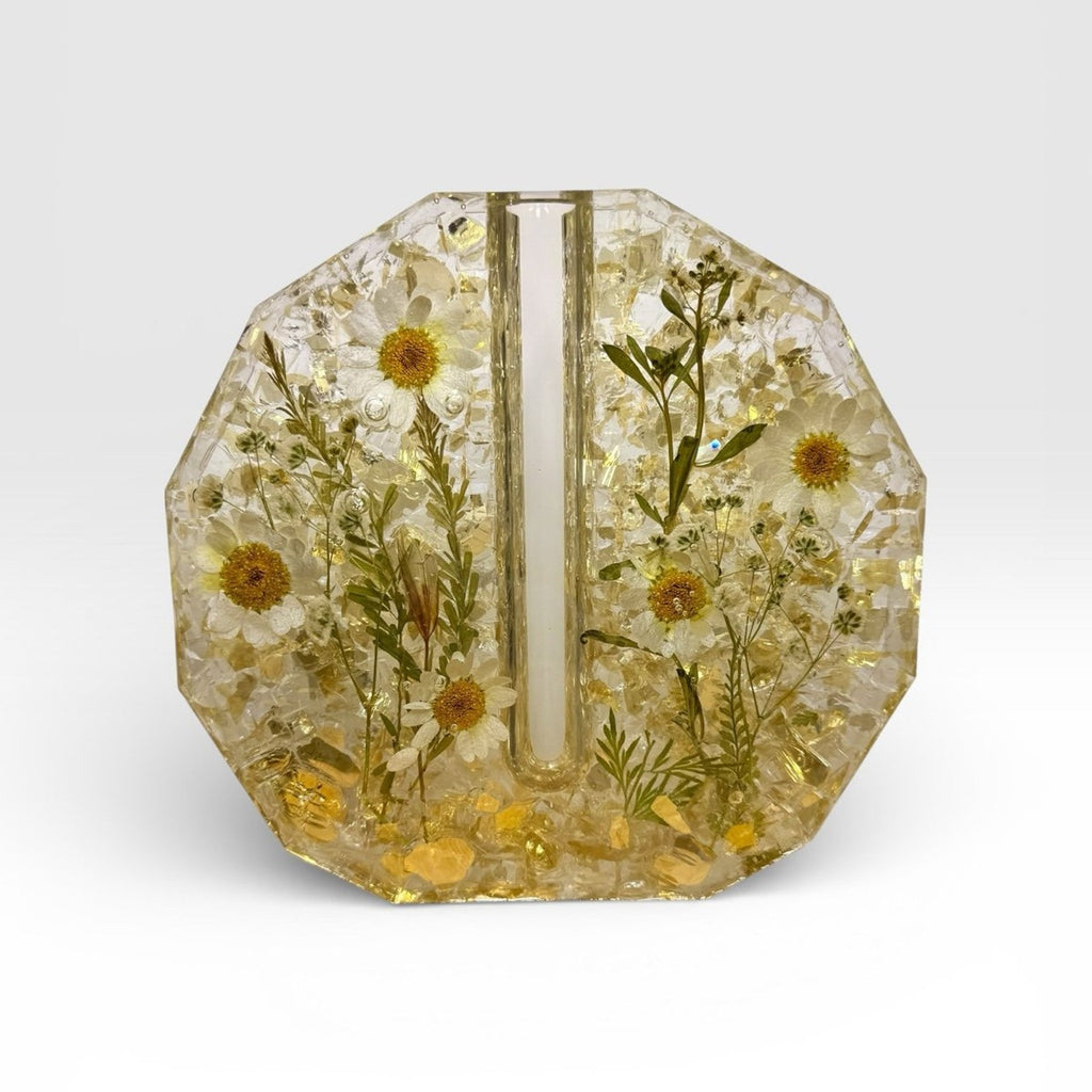 Handcrafted Resin Floral Vase Botanical with Gold Fireglass and Pressed Daisies