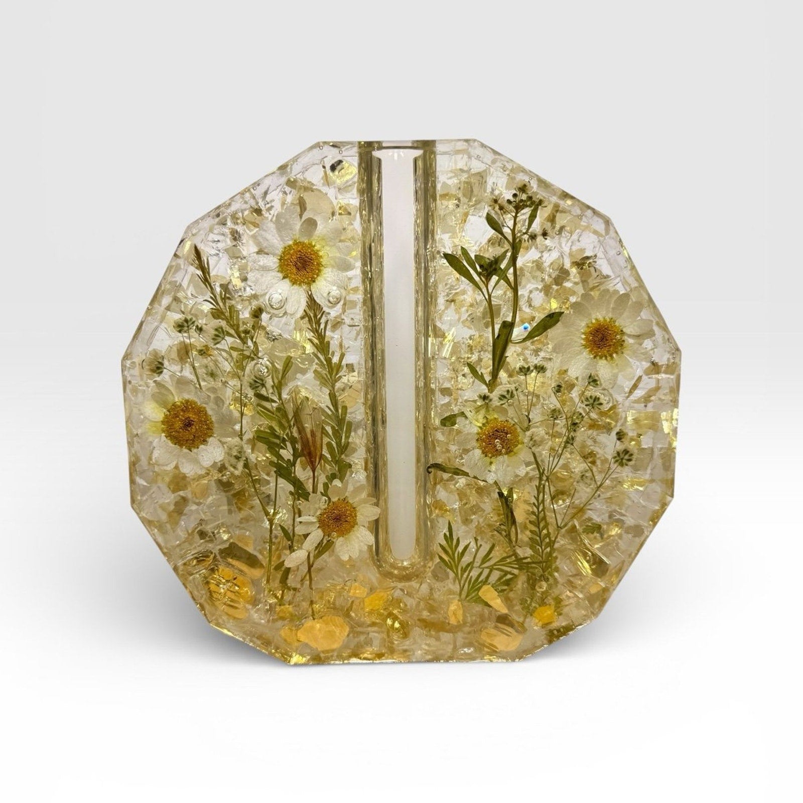 Handcrafted Resin Floral Vase Botanical with Gold Fireglass and Pressed Daisies