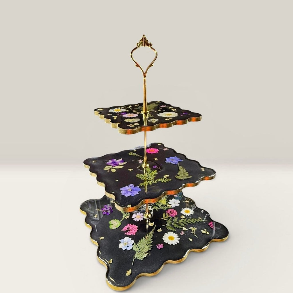 Noir Botanica Tiered Stand | Handcrafted 3 Tier Resin Serving Tray | Elegant