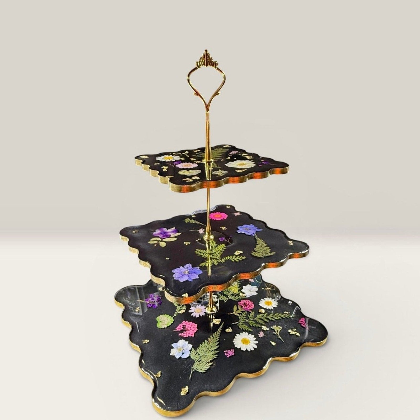 Noir Botanica Tiered Stand | Handcrafted 3 Tier Resin Serving Tray | Elegant