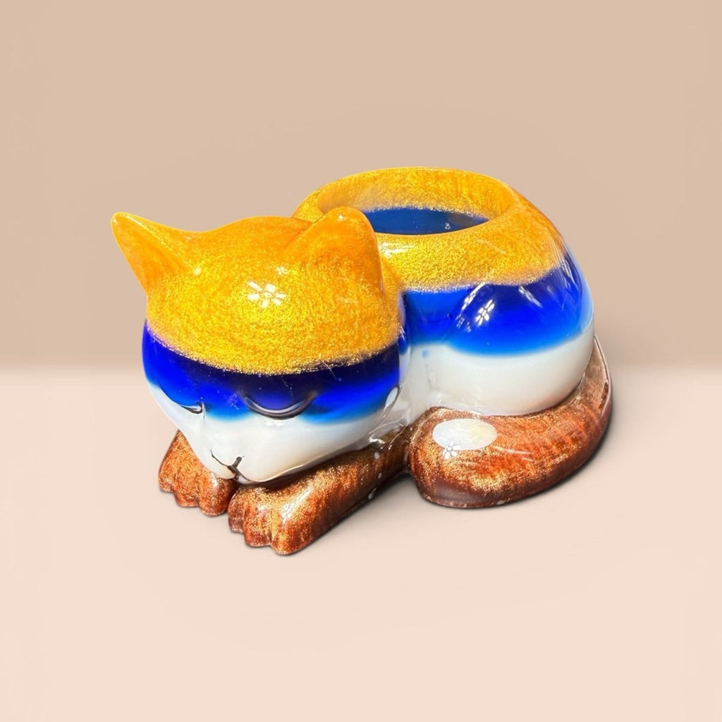 Handmade Resin Sleeping Cat Tea Light Holder Blue Gold Remnant Art