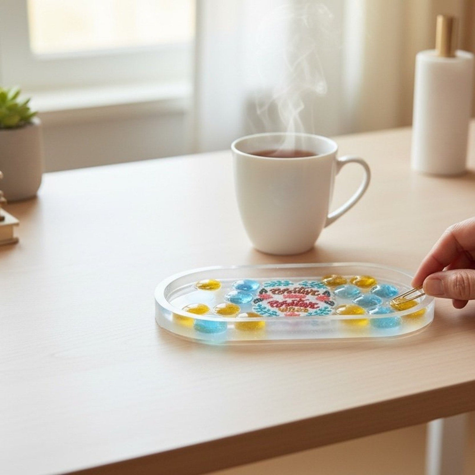 Positive Vibes Resin Trinket Tray Key Dish Catchall Boho Decor with Glass Accent