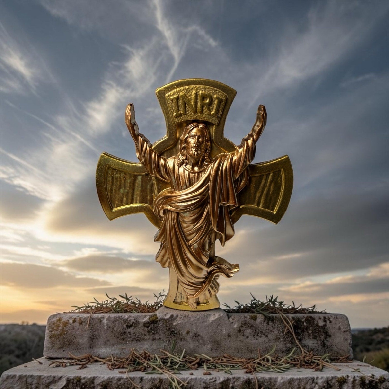 Catholic Cross Wall Decor Metallic Gold Copper Jesus  Home Gift Eco Resin