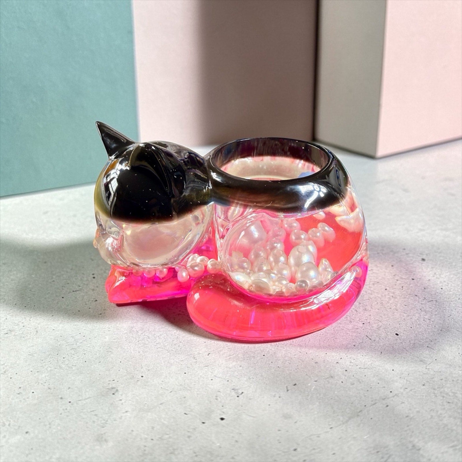Resin Remnant Creation Sleeping Cat Tea Light Holder Pink Glow Pearl