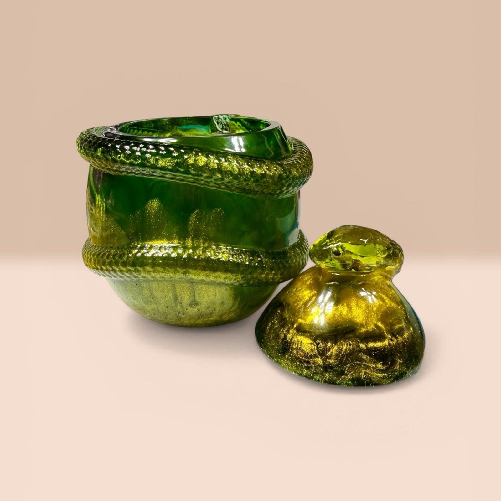 Handcrafted Epoxy Resin Snake Jar Emerald Green Gold Trinket Box Decor Curiosity