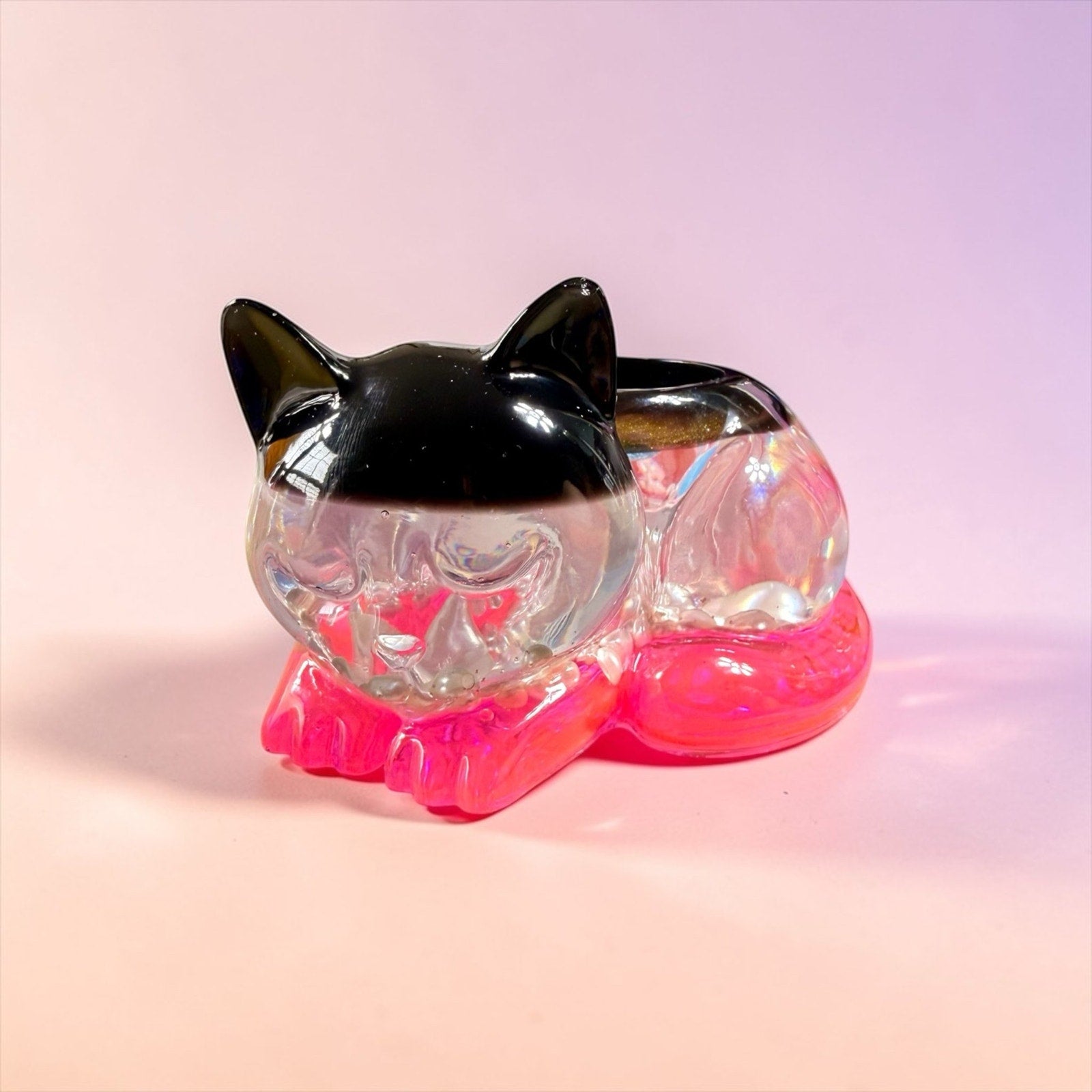Resin Remnant Creation Sleeping Cat Tea Light Holder Pink Glow Pearl