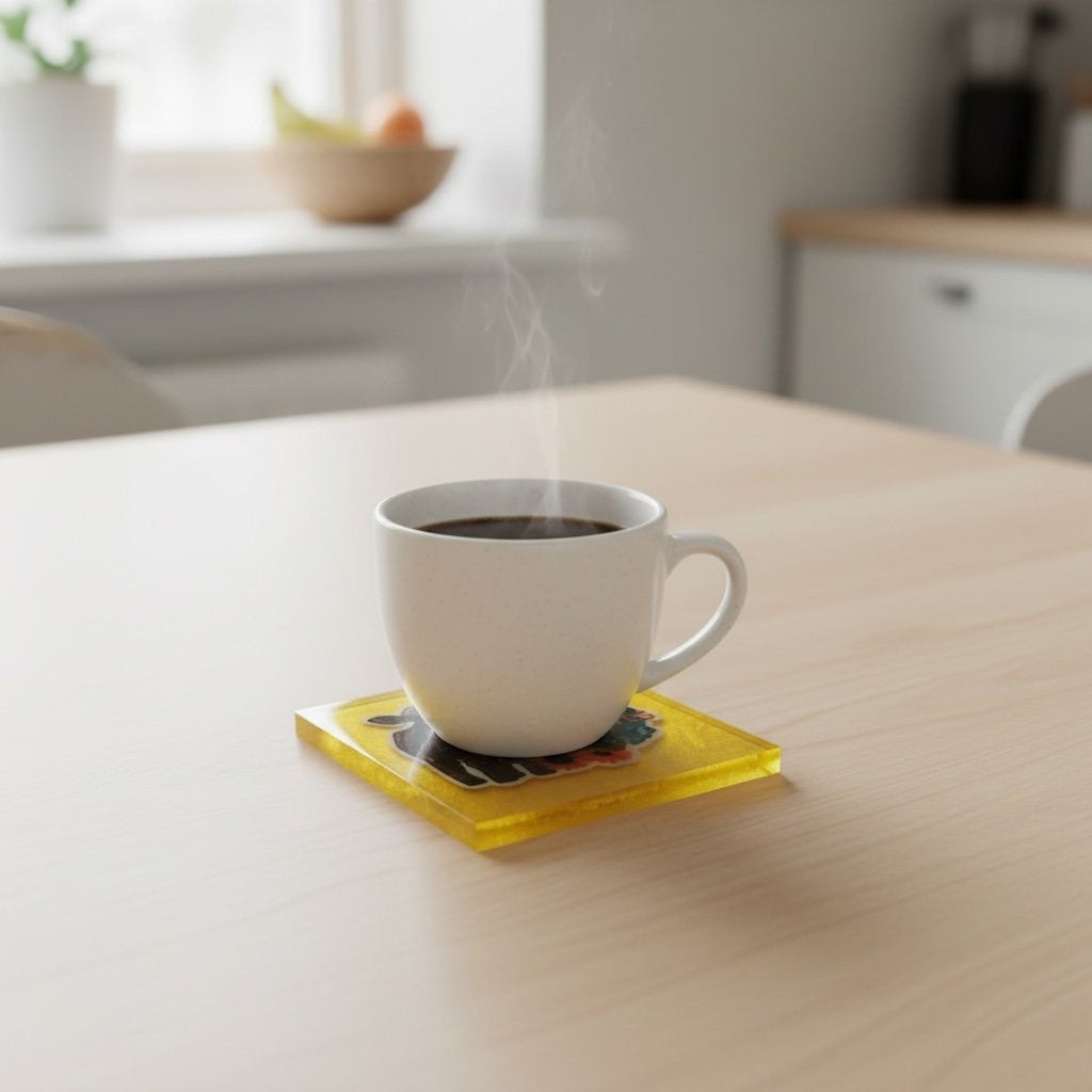 Handmade Set of 4 Retro Highland Cow Resin Coasters –Sunflower Boho Vibes