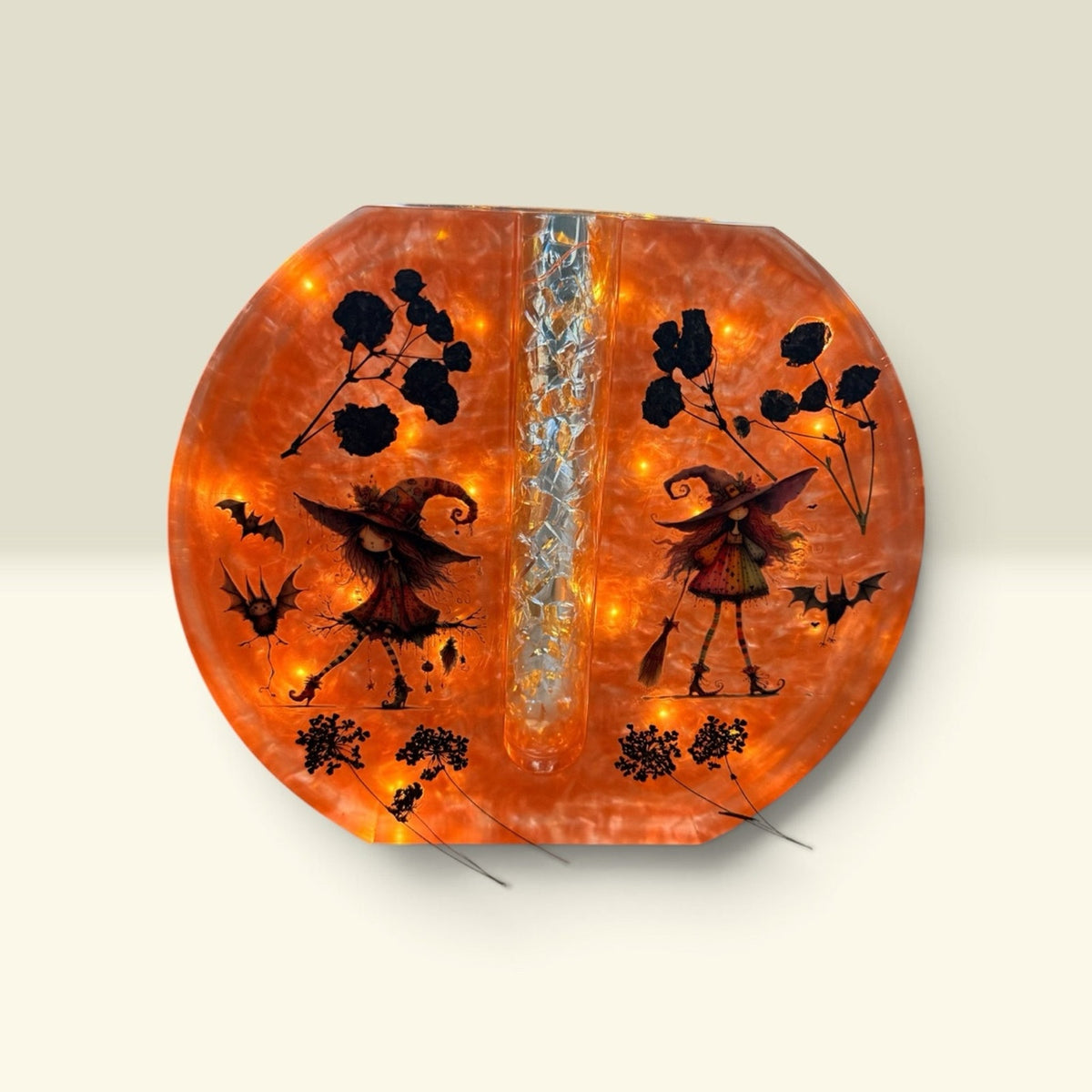 Halloween Lighted Resin Bud Vase – Witch Decor – Handmade Orange Vase