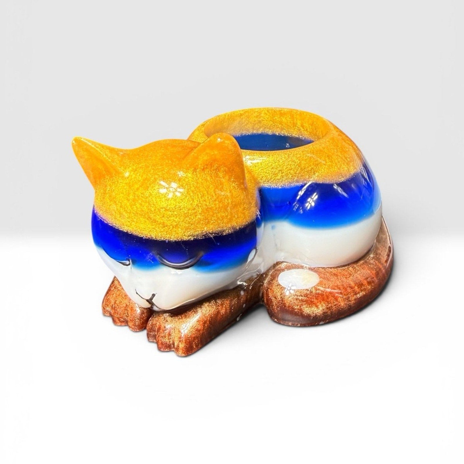Handmade Resin Sleeping Cat Tea Light Holder Blue Gold Remnant Art